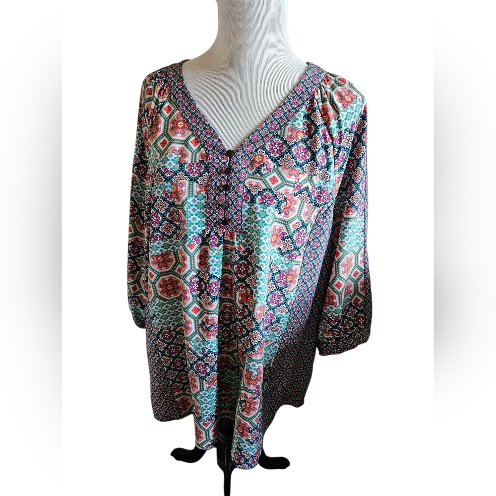 Multicolor V-Neck Women's  Plus Size 3X
